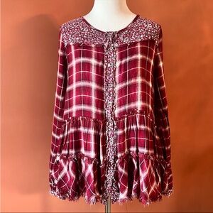 Altar'd State mixed media tiered flannel button down Large NWOT